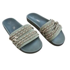 Chanel CC Chain Slide Flat Sandal Khaki Green Canvas Gold Logo 38 US 7 7.5